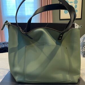 Portland Leather Goods Medium Zip Tote in Sage Green with Black handles.  🦄